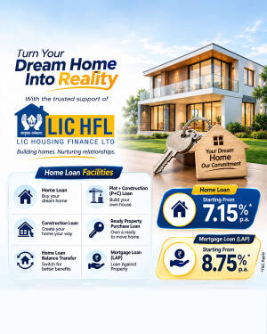 LIC HFL home loan promotional banner featuring a modern house and keys