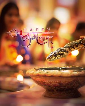 Image depicting Nag Panchami celebrations with a snake and milk offering.