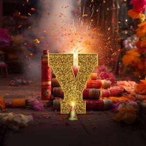 Golden letter Y surrounded by Diwali decorations and fireworks