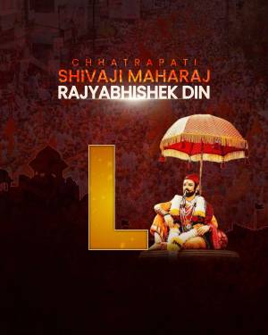 Poster commemorating Chhatrapati Shivaji Maharaj Rajyabhishek Din with a portrait of the king under an umbrella.