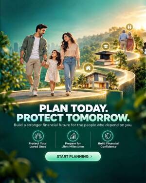 A family walking on a metaphorical road representing life milestones like education and home ownership for financial planning.