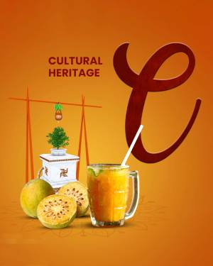 Image depicting cultural heritage with jackfruit, traditional elements, and a refreshing drink.