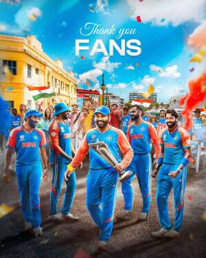 Indian cricket team celebrating with trophy and fans in front of a stadium