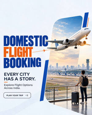 A traveler at the airport with a suitcase, promoting domestic flight booking services with an airplane in the sky.