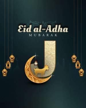 Eid al-Adha Mubarak with crescent moon and golden decorations