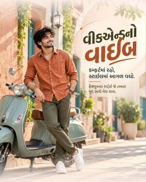 A stylish young man leaning on a vintage pastel green scooter, wearing a rust-colored button-down shirt and olive trousers, promoting weekend fashion.