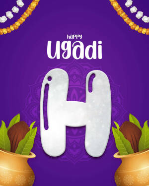 Ugadi festival greeting with a large letter 'H' and traditional decorations