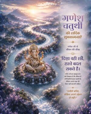 Lord Ganesha seated in meditation amidst a flowing mountain stream at sunset with Hindi inspirational text