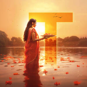 Woman offering prayers to the sun during Chhath Puja