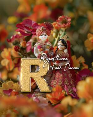 Statues of a Rajasthani couple with a large letter 'R' and floral background