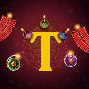 Letter T decorated with Diwali lights and firecrackers on a maroon background