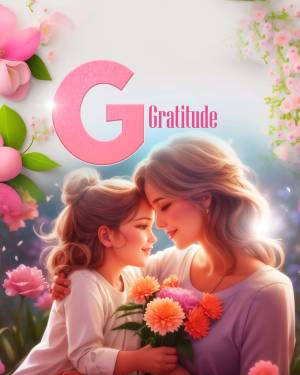 Image of a mother and daughter embracing with the letter 'G' for gratitude and flowers.