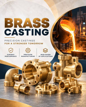 Various precision-machined brass casting components displayed with molten metal pouring background