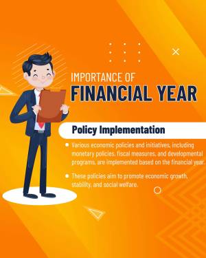 Illustration of a businessman with a clipboard explaining financial year policy implementation.