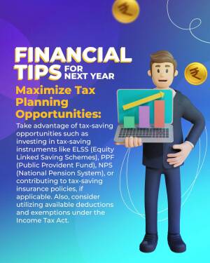 Illustration of a 3D character presenting financial tips and tax planning opportunities on a laptop.