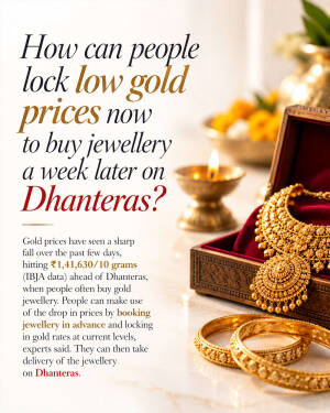 A gold jewelry set with bangles and a necklace in a velvet box next to a diya lamp, promoting locking in gold prices for Dhanteras.
