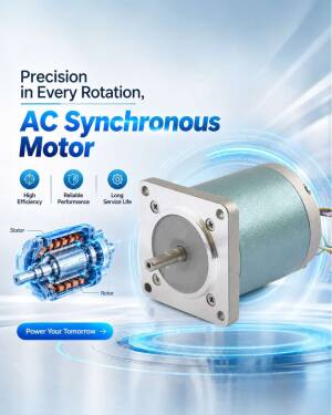 An AC synchronous motor with visible internal rotor and stator, set against a blue industrial background.