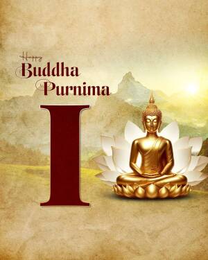 Buddha statue meditating on a lotus flower with a mountain backdrop and text 'Happy Buddha Purnima'