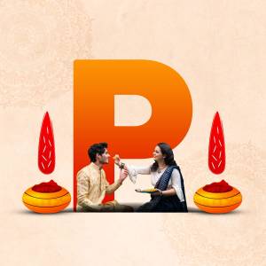 A couple celebrating Puran Purnima with a large letter 'P' in the background.