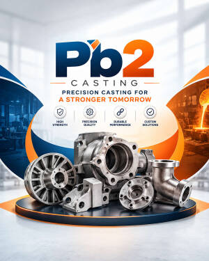 A collection of precision metal cast parts on a display stand with the Pb2 Casting company branding