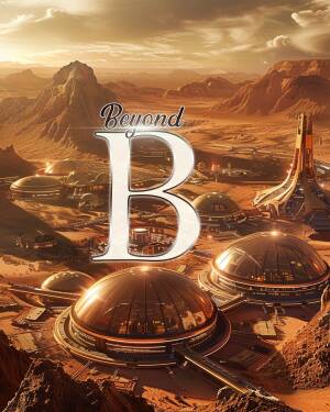 Futuristic city on Mars with a large letter 'B' in the foreground