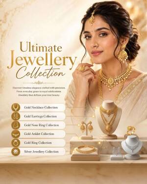 A beautiful woman wearing traditional gold jewellery with a promotional display of necklaces, earrings, and rings.