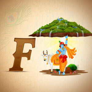 Illustration of Lord Krishna lifting Govardhan Hill with a cow and the letter F