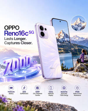OPPO Reno16c 5G smartphone showing its design, 7000mAh battery, and mountain scenery