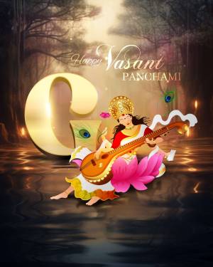 Illustration of Goddess Saraswati playing the veena with the text 'Happy Vasant Panchami'