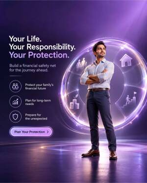A confident man standing before a digital financial protection graphic