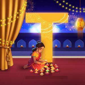 A woman in traditional attire lighting diyas during a Diwali celebration.