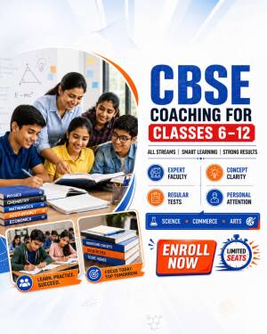 Promotional poster for CBSE academic coaching for classes 6 to 12 featuring students and study resources