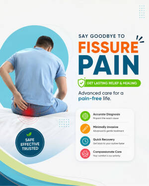 A man experiencing pain, with text promoting advanced treatment for fissure relief.
