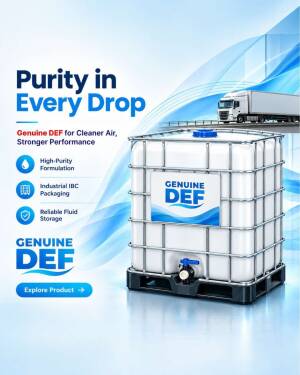 A large IBC tank of Genuine DEF for cleaner air and stronger vehicle performance.
