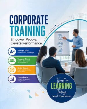 Professional business seminar with a trainer presenting to a group of employees in a brightly lit office setting