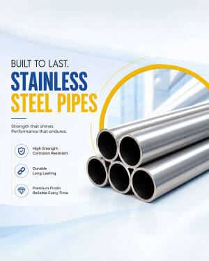 A graphic advertisement for durable, high-strength stainless steel pipes with a metallic finish.
