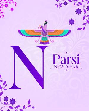 Illustration of a Faravahar symbol with the letter 'N' and 'Parsi New Year' text.