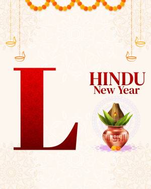 Hindu New Year greeting with a large letter 'L' and traditional decorations