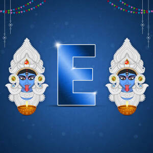 Illustration of Goddess Durga flanking the letter E with festive decorations.