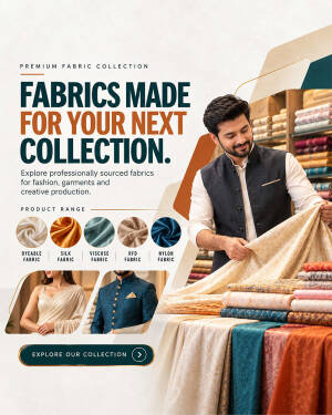 A man displaying premium fabrics in a store for a fashion collection advertisement