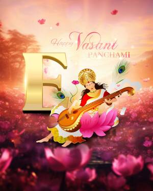 Illustration of Goddess Saraswati playing the veena with the text 'Happy Vasant Panchami'