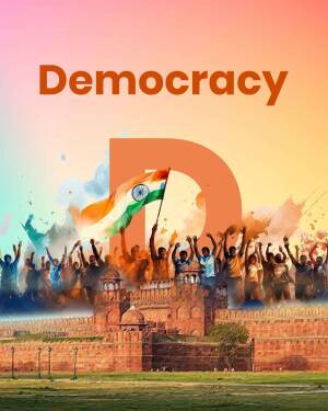 Image depicting a celebration of democracy in India with the national flag and people cheering in front of the Red Fort.