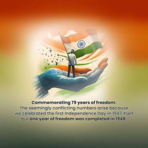 Illustration of the Indian flag waving from a hand with birds and text commemorating 76 years of freedom.