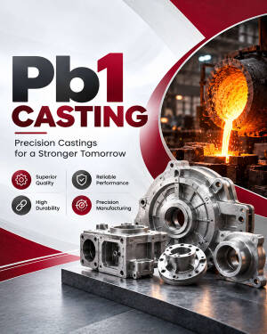 Precision metal casting parts displayed alongside molten metal pouring in an industrial foundry setting.