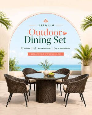A modern wicker outdoor dining set with four chairs and a circular glass-top table on a patio overlooking the ocean.