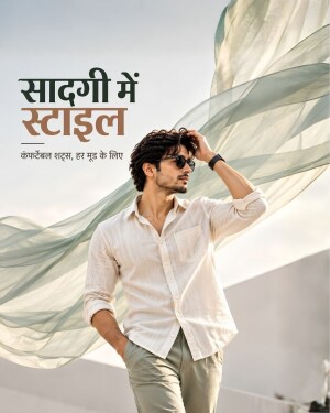 A stylish man wearing a casual linen shirt and pants with fabric flowing in the background