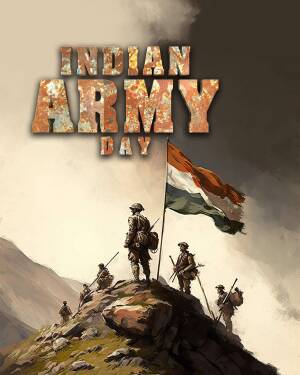 Indian Army Day celebration poster with soldiers and the Indian flag