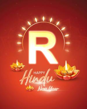 Illustration of a glowing 'R' with diya lamps for Hindu New Year