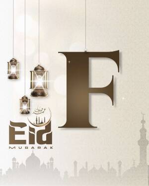 Eid Mubarak greeting with a large letter 'F' and mosque silhouette