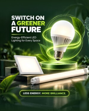 Energy-efficient LED bulb, panel light, and tube light on a green nature-inspired background